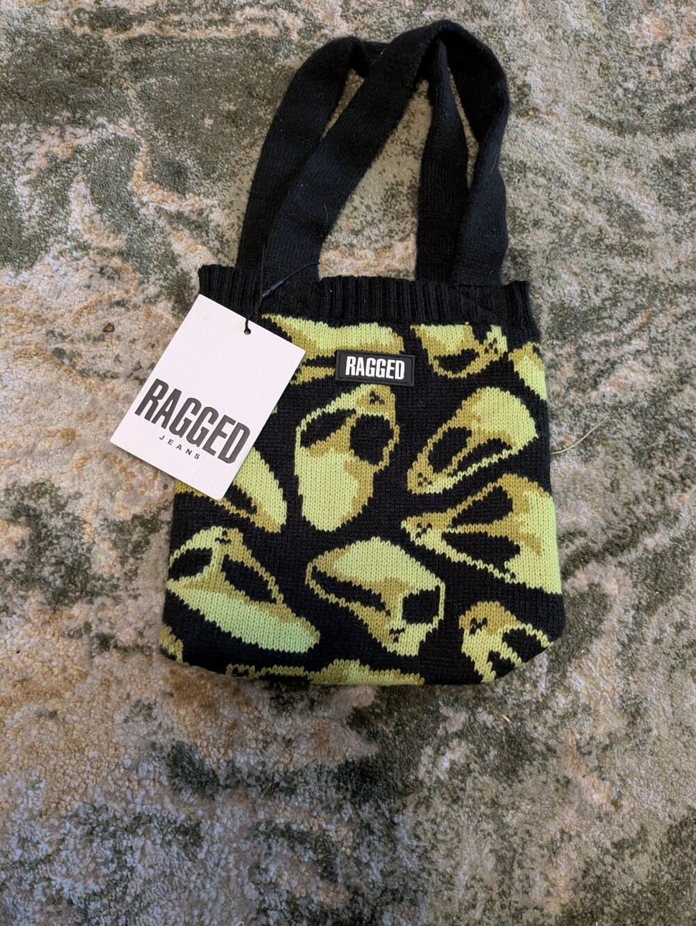 NWT Women's Black & Lime Knit Alien Tote Bag